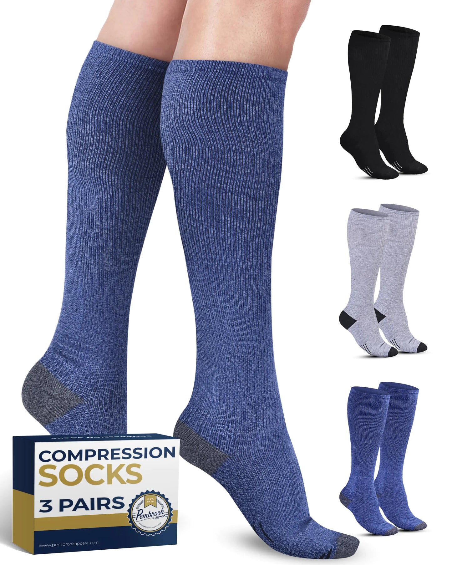 Pembrook Light Compression Socks for Women & Men - 3 Pairs | Mens Sports Compression Socks | Compression Socks Men | Support Socks for Men | Navy Compression Socks | Black Gray Navy
